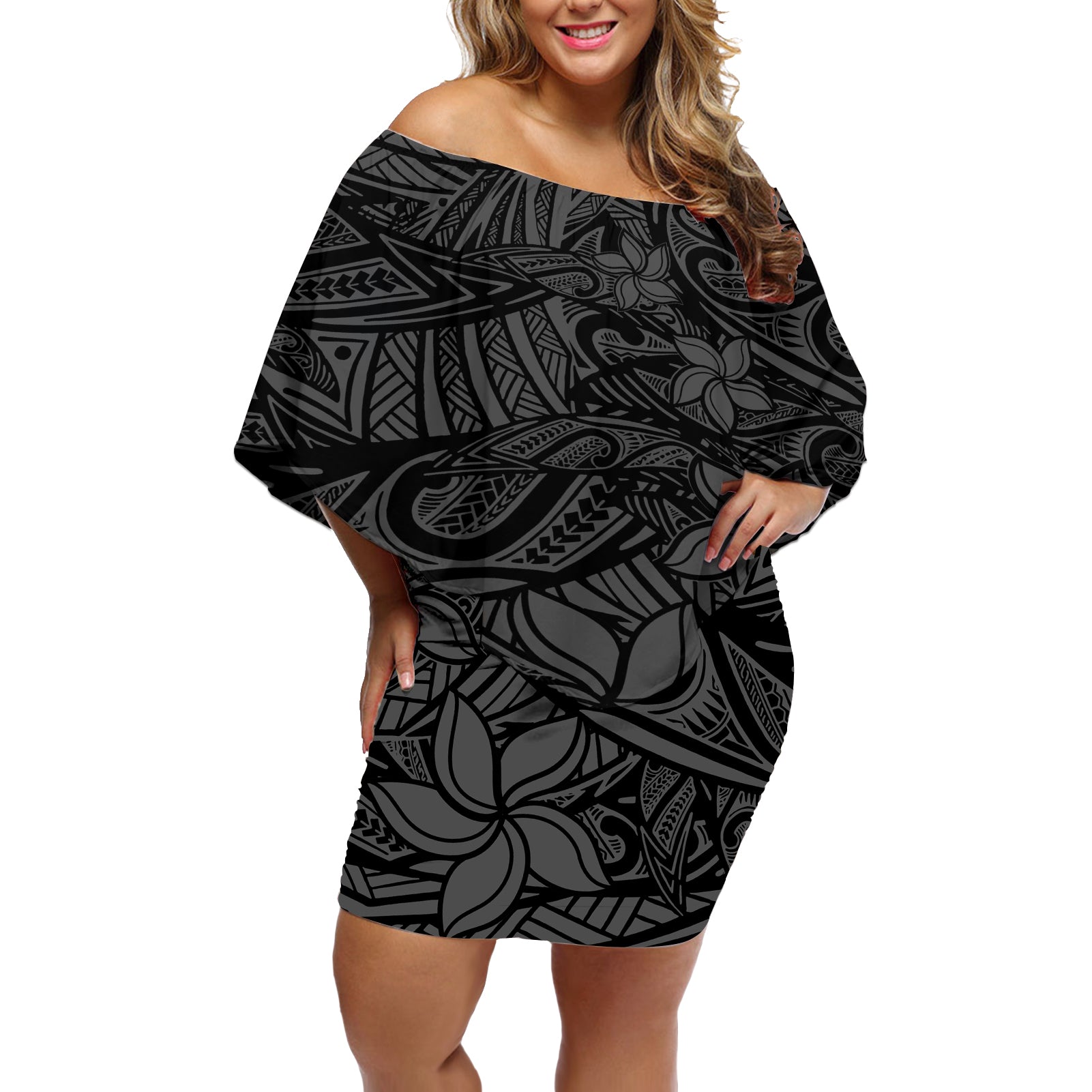 Polynesia Off Shoulder Short Dress Polynesian Pattern Mix Plumeria Black LT14 Women Black - Polynesian Pride