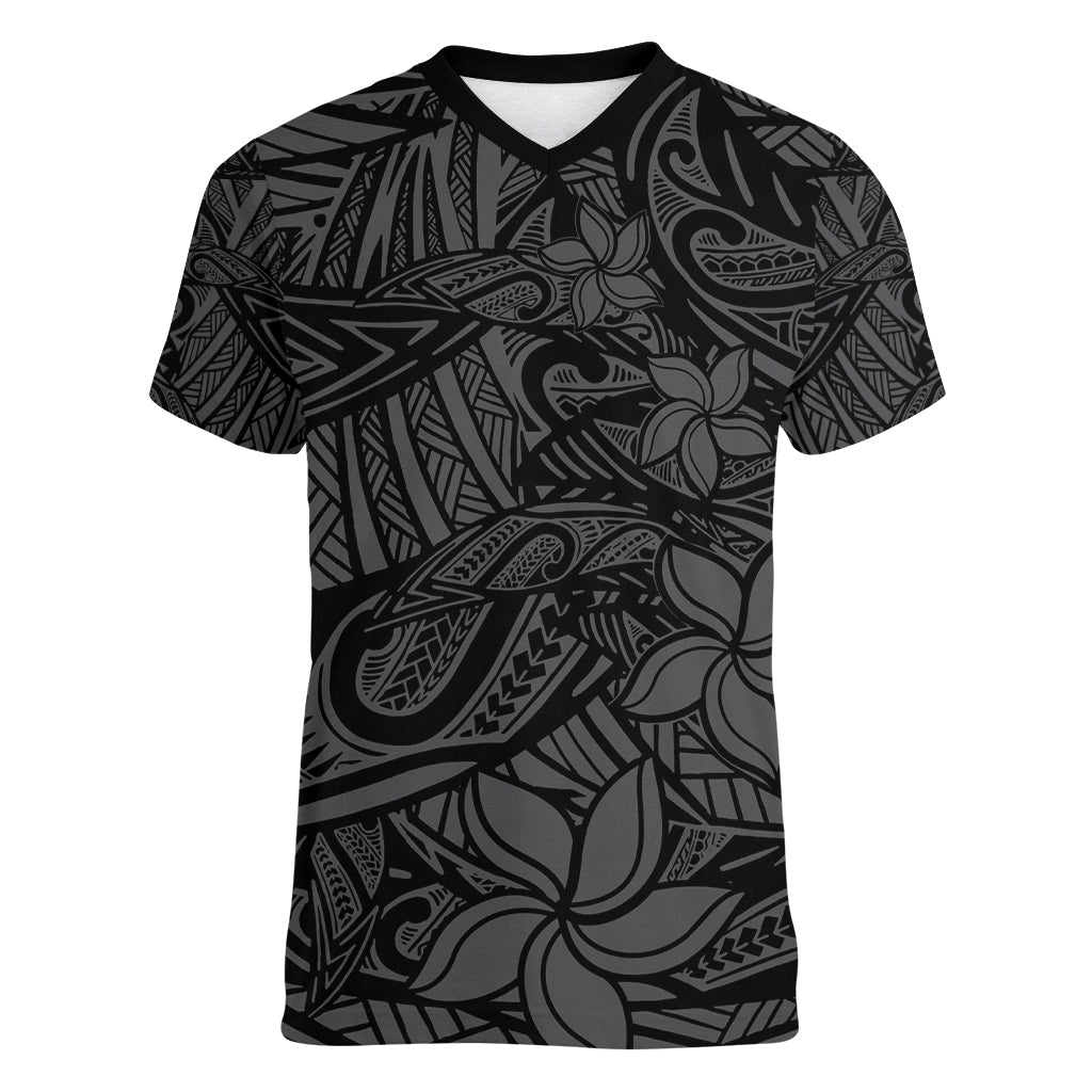 Polynesia Women V Neck T Shirt Polynesian Pattern Mix Plumeria Black LT14 Female Black - Polynesian Pride