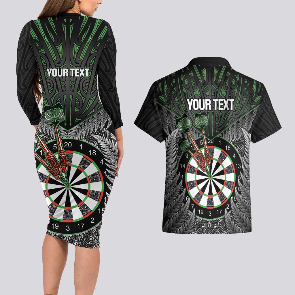 Personalised New Zealand Darts Couples Matching Long Sleeve Bodycon Dress and Hawaiian Shirt Dartboard Maori Fern Puhoro Art