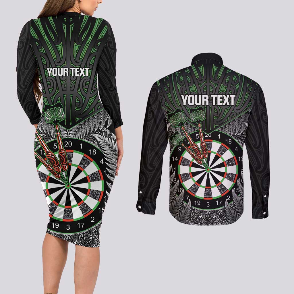 Personalised New Zealand Darts Couples Matching Long Sleeve Bodycon Dress and Long Sleeve Button Shirt Dartboard Maori Fern Puhoro Art