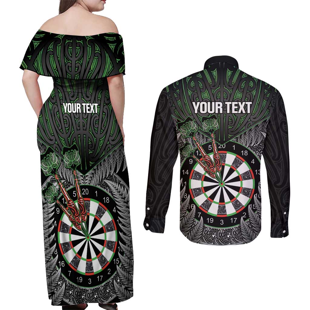 Personalised New Zealand Darts Couples Matching Off Shoulder Maxi Dress and Long Sleeve Button Shirt Dartboard Maori Fern Puhoro Art