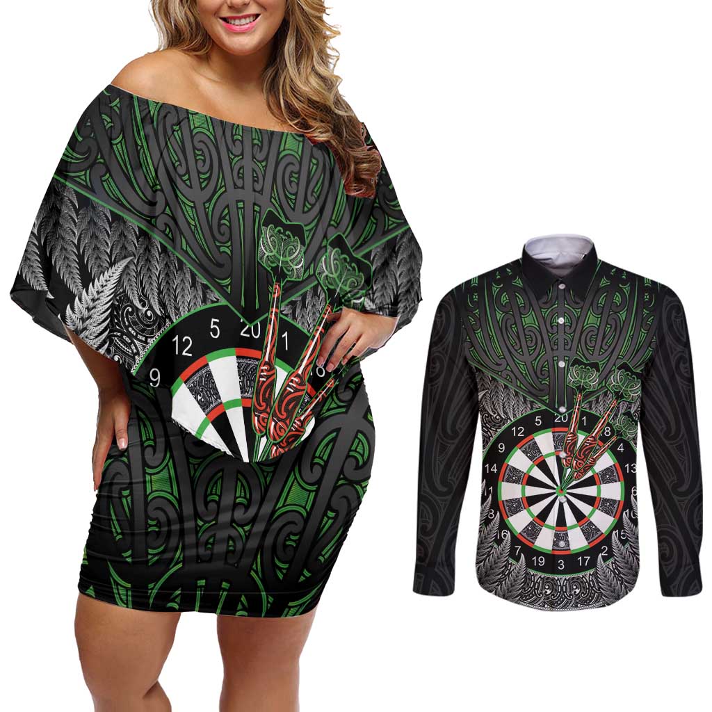 Personalised New Zealand Darts Couples Matching Off Shoulder Short Dress and Long Sleeve Button Shirt Dartboard Maori Fern Puhoro Art