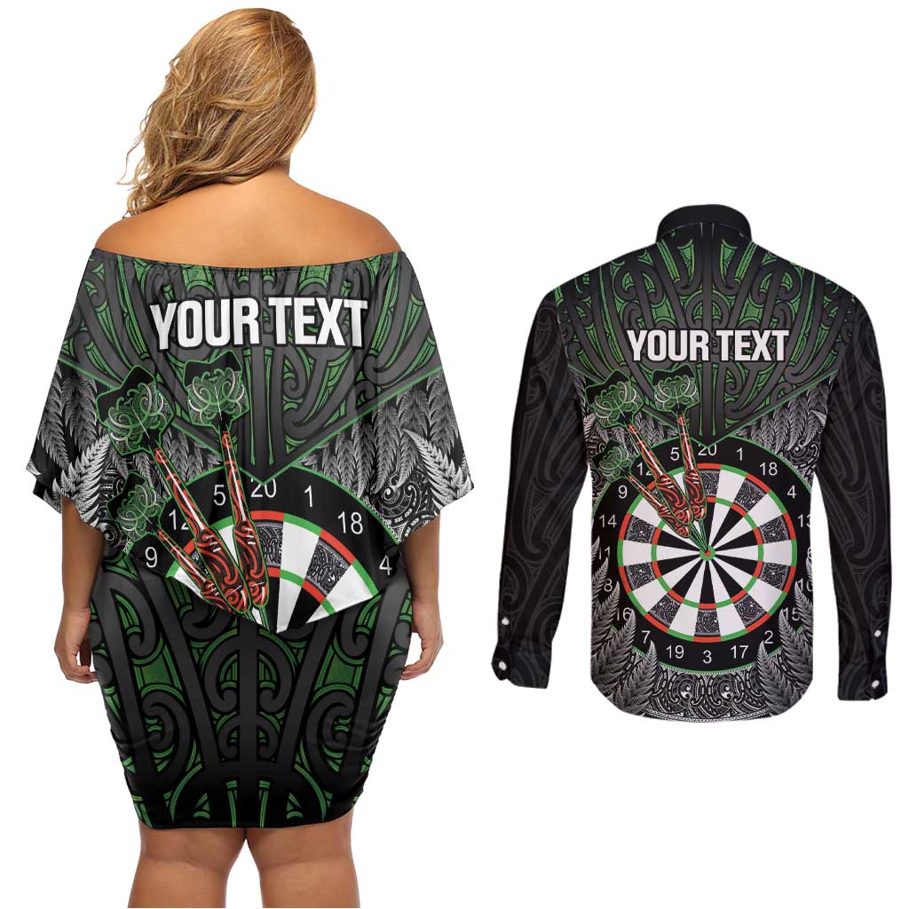 Personalised New Zealand Darts Couples Matching Off Shoulder Short Dress and Long Sleeve Button Shirt Dartboard Maori Fern Puhoro Art