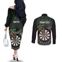 Personalised New Zealand Darts Couples Matching Off The Shoulder Long Sleeve Dress and Long Sleeve Button Shirt Dartboard Maori Fern Puhoro Art