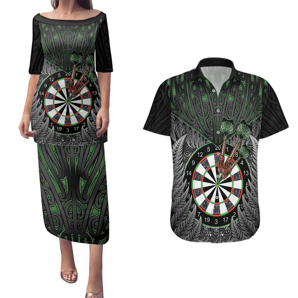 Personalised New Zealand Darts Couples Matching Puletasi and Hawaiian Shirt Dartboard Maori Fern Puhoro Art