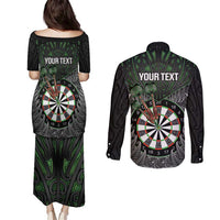 Personalised New Zealand Darts Couples Matching Puletasi and Long Sleeve Button Shirt Dartboard Maori Fern Puhoro Art