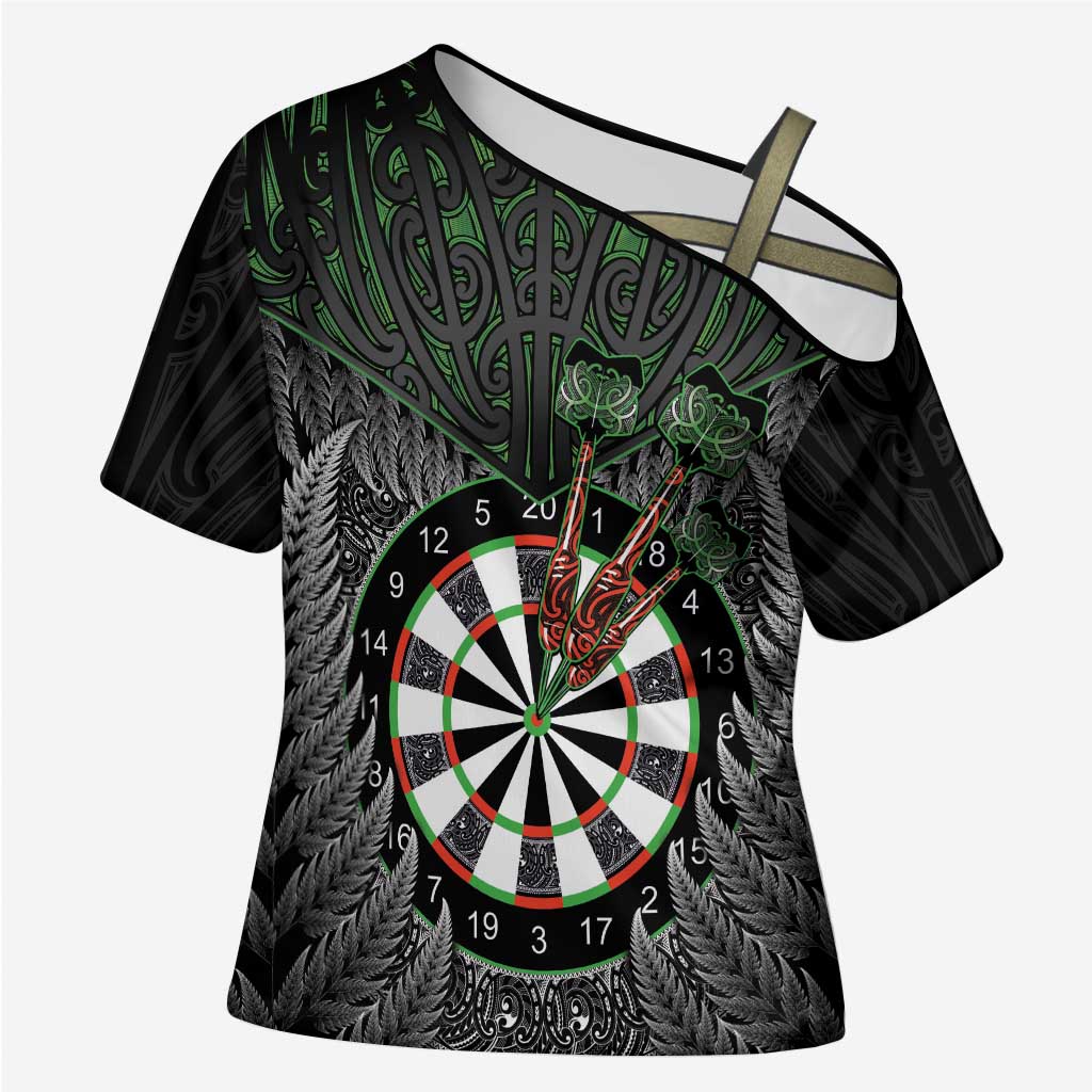Personalised New Zealand Darts Cross Shoulder Shirt Dartboard Maori Fern Puhoro Art - Polynesian Pride