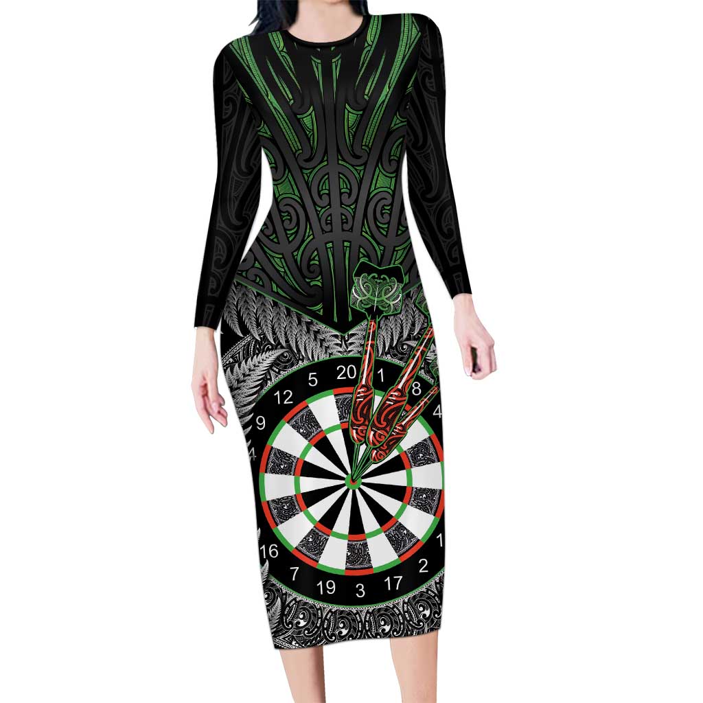 Personalised New Zealand Darts Family Matching Long Sleeve Bodycon Dress and Hawaiian Shirt Dartboard Maori Fern Puhoro Art