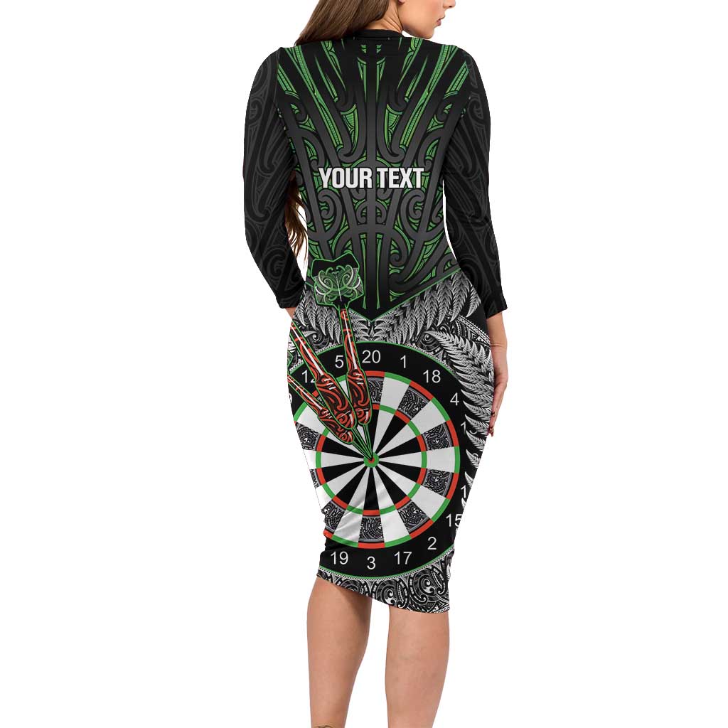 Personalised New Zealand Darts Family Matching Long Sleeve Bodycon Dress and Hawaiian Shirt Dartboard Maori Fern Puhoro Art