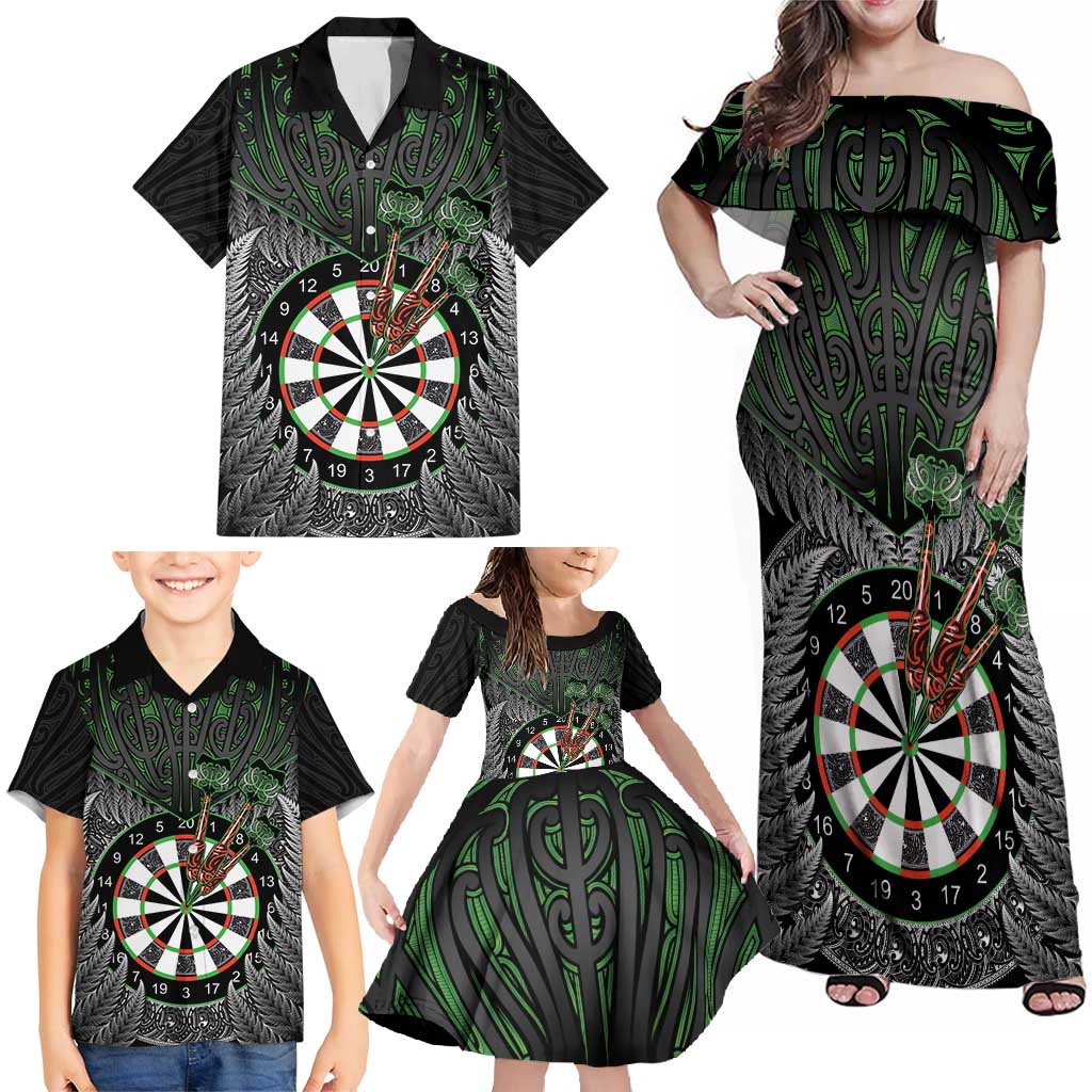 Personalised New Zealand Darts Family Matching Off Shoulder Maxi Dress and Hawaiian Shirt Dartboard Maori Fern Puhoro Art
