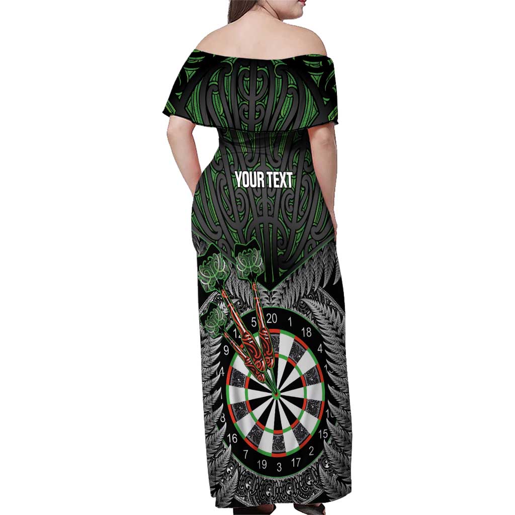 Personalised New Zealand Darts Family Matching Off Shoulder Maxi Dress and Hawaiian Shirt Dartboard Maori Fern Puhoro Art