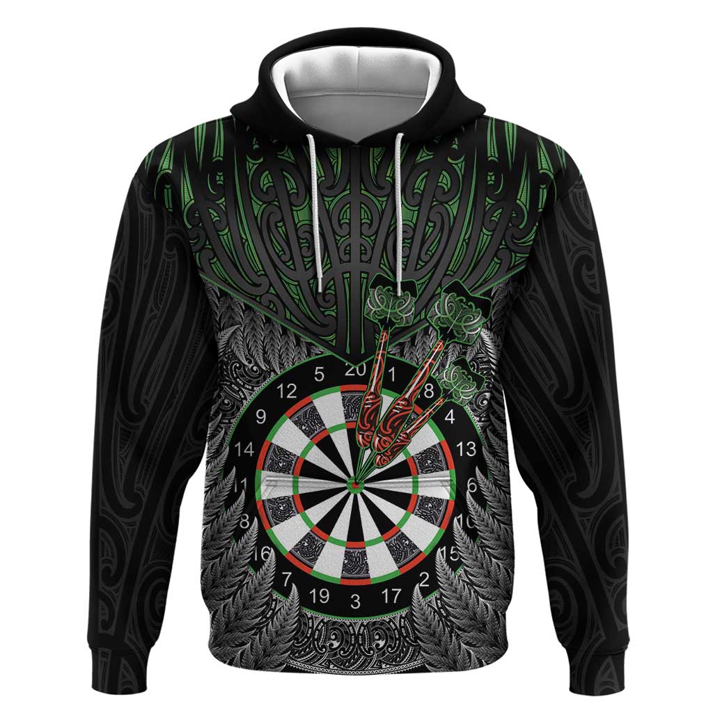 Personalised New Zealand Darts Hoodie Dartboard Maori Fern Puhoro Art