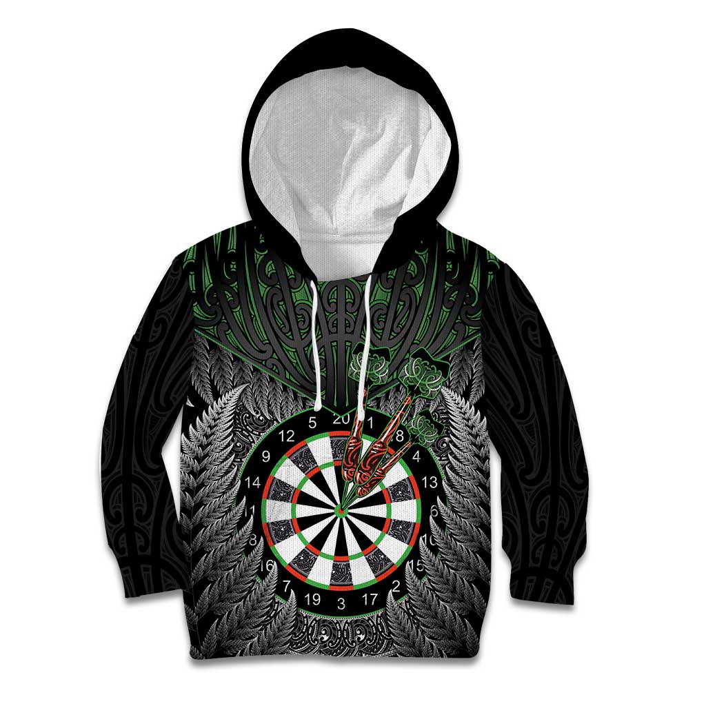 Personalised New Zealand Darts Kid Hoodie Dartboard Maori Fern Puhoro Art