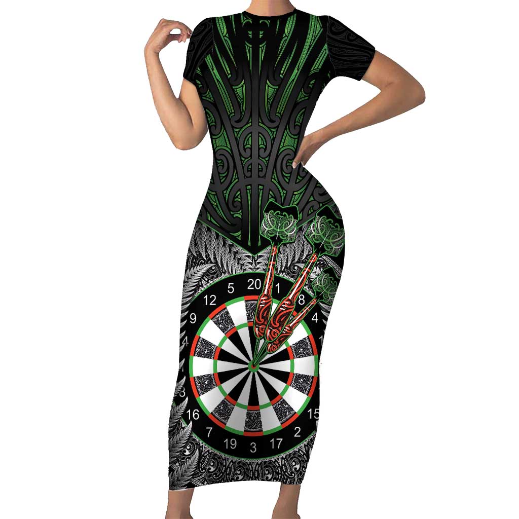 Personalised New Zealand Darts Short Sleeve Bodycon Dress Dartboard Maori Fern Puhoro Art
