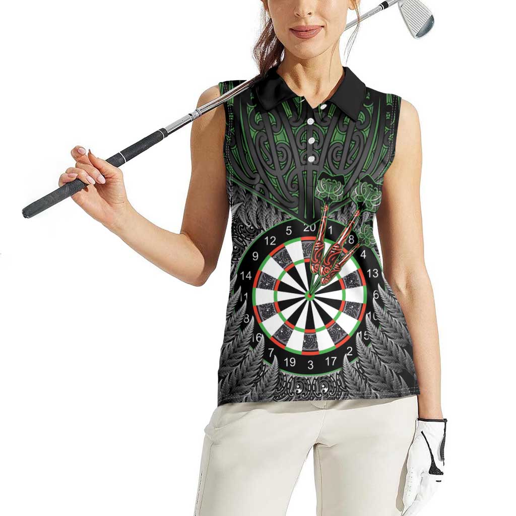 Personalised New Zealand Darts Women Sleeveless Polo Shirt Dartboard Maori Fern Puhoro Art
