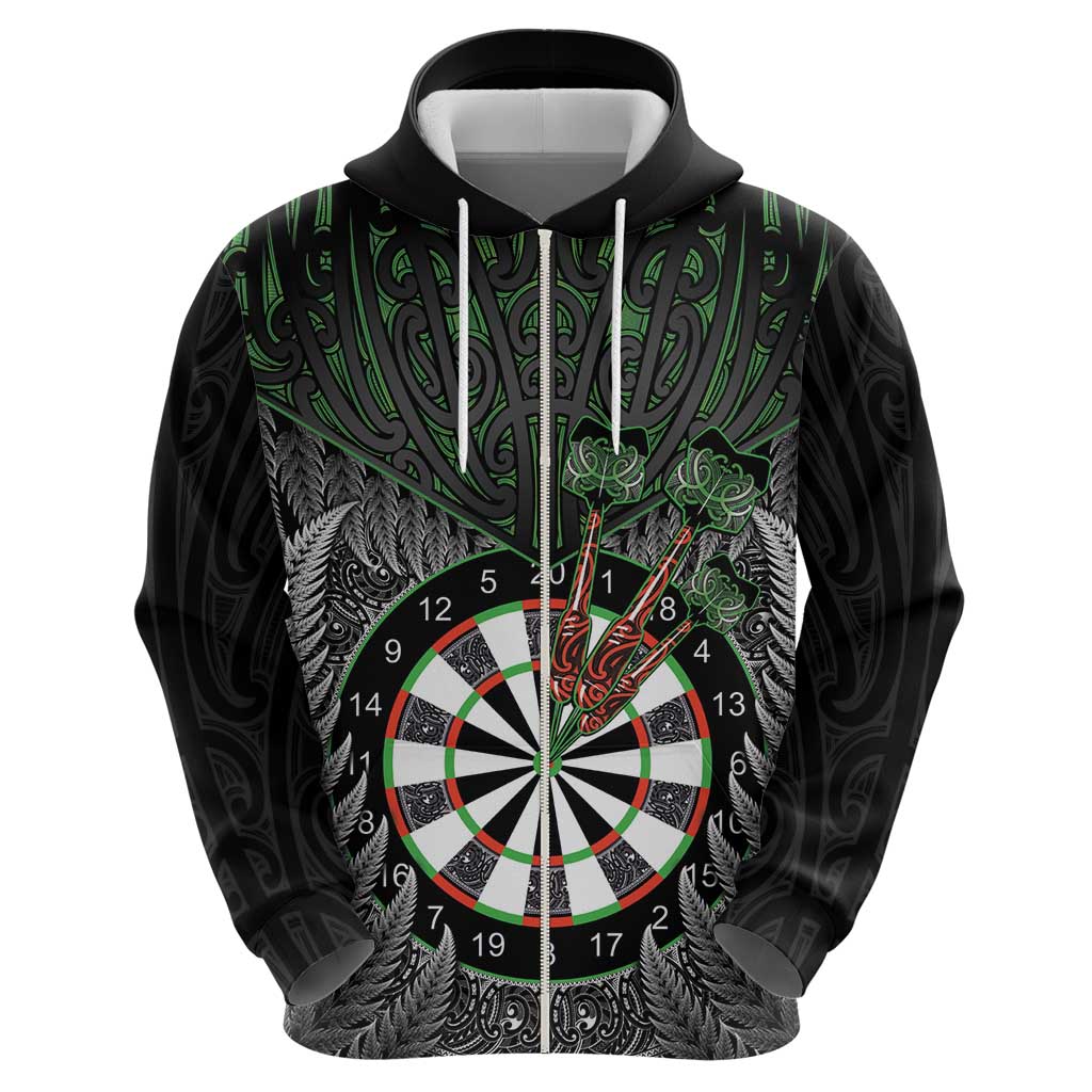 Personalised New Zealand Darts Zip Hoodie Dartboard Maori Fern Puhoro Art