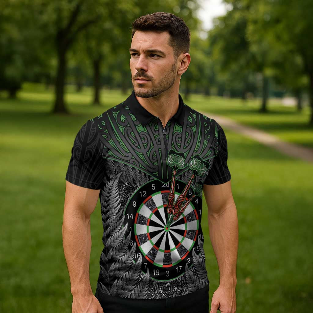 Personalised New Zealand Darts Zipper Polo Shirt Dartboard Maori Fern Puhoro Art - Polynesian Pride