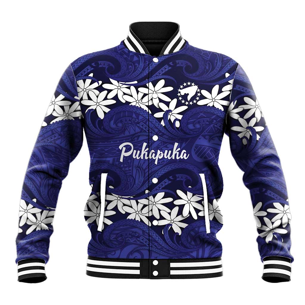 Personalised Cook Islands Pukapuka Baseball Jacket Tiare Maori Polynesian Waves Tattoo