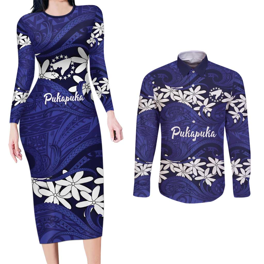 Personalised Cook Islands Pukapuka Couples Matching Long Sleeve Bodycon Dress and Long Sleeve Button Shirt Tiare Maori Polynesian Waves Tattoo LT14 Blue - Polynesian Pride