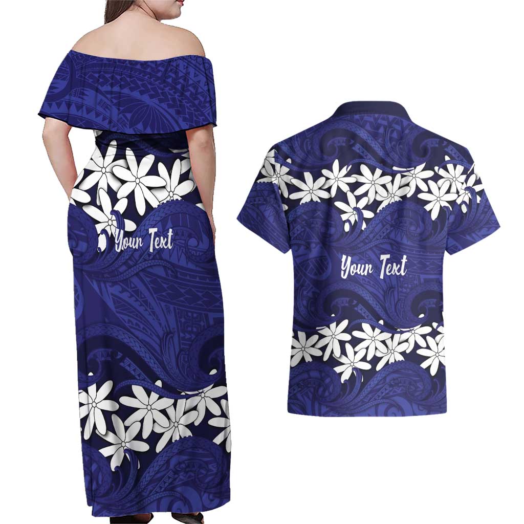 Personalised Cook Islands Pukapuka Couples Matching Off Shoulder Maxi Dress and Hawaiian Shirt Tiare Maori Polynesian Waves Tattoo