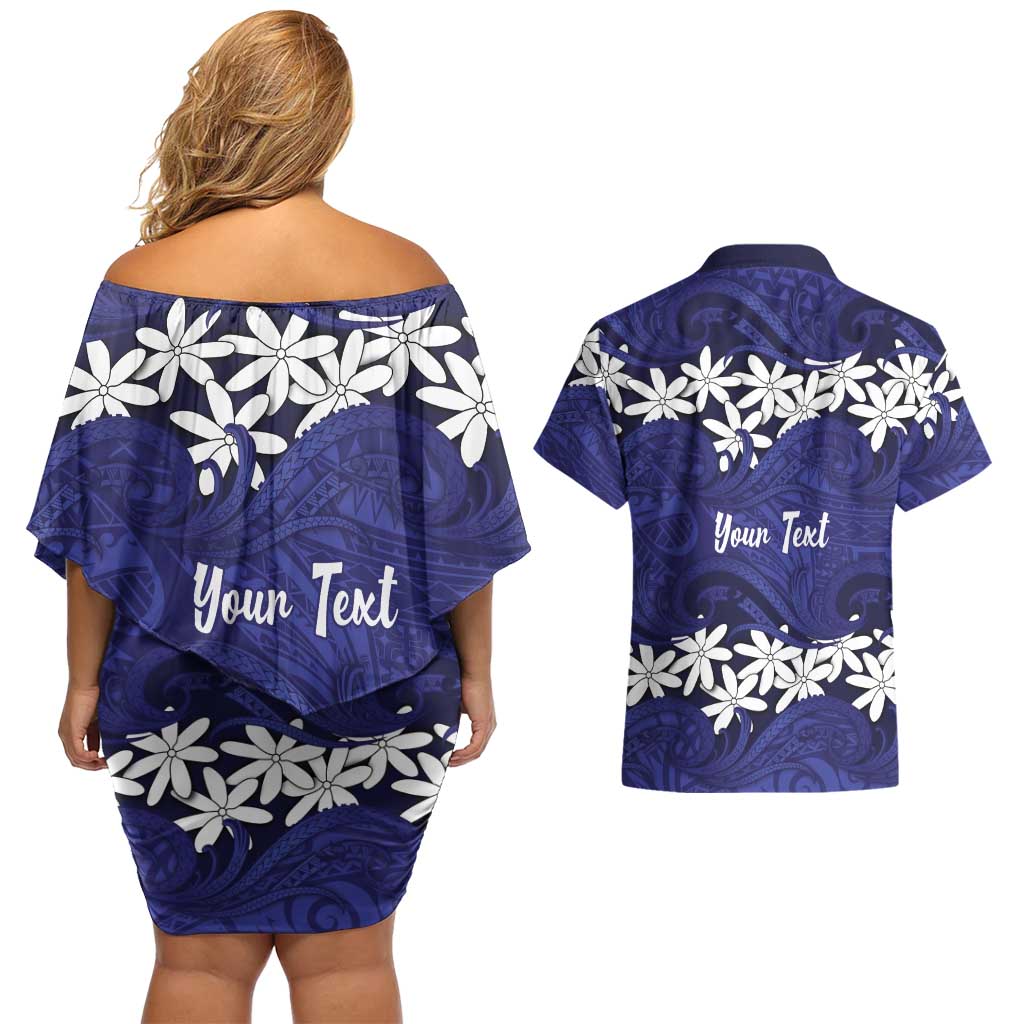 Personalised Cook Islands Pukapuka Couples Matching Off Shoulder Short Dress and Hawaiian Shirt Tiare Maori Polynesian Waves Tattoo LT14 - Polynesian Pride