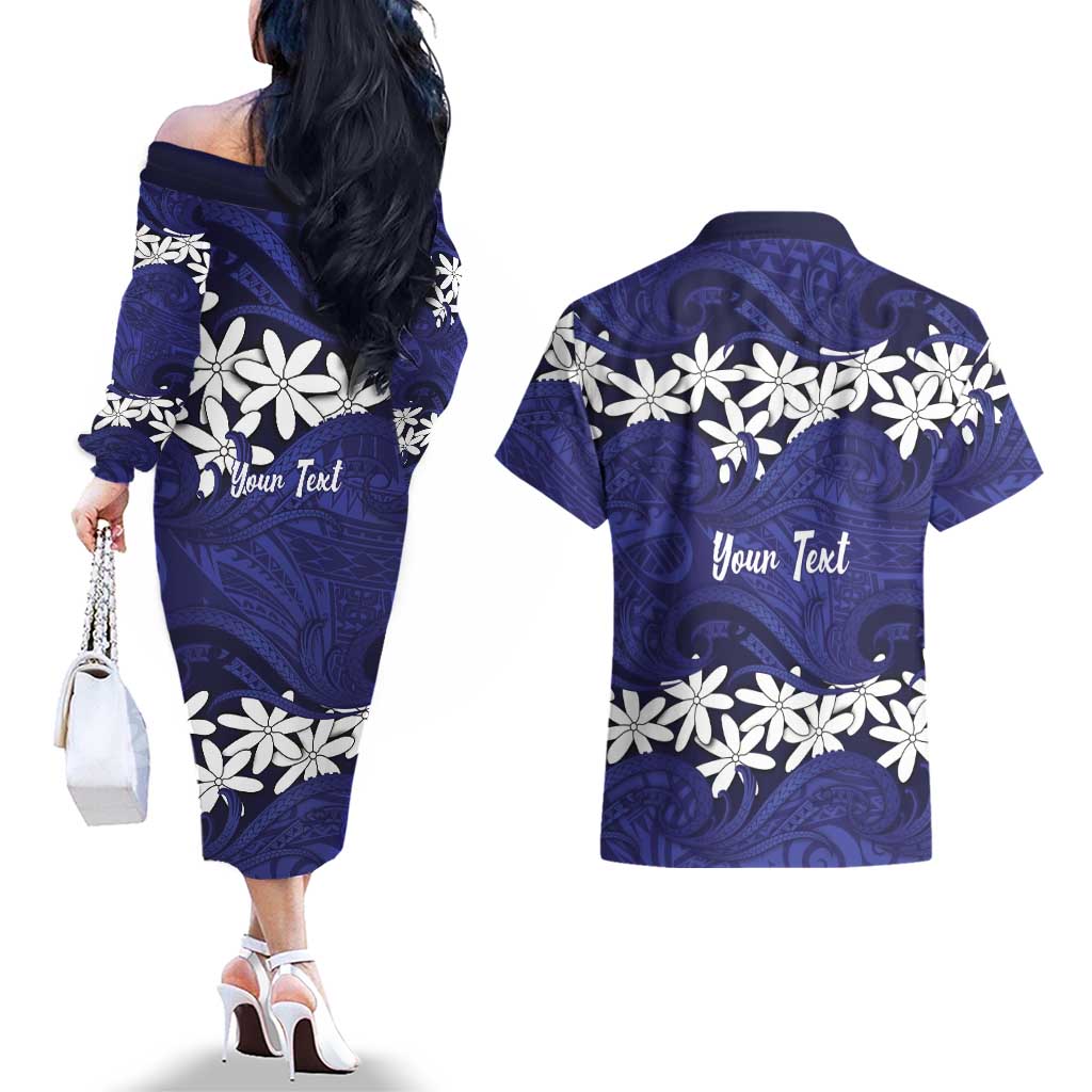 Personalised Cook Islands Pukapuka Couples Matching Off The Shoulder Long Sleeve Dress and Hawaiian Shirt Tiare Maori Polynesian Waves Tattoo LT14 - Polynesian Pride