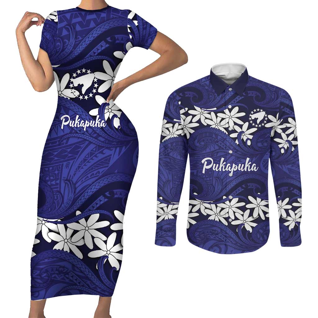 Personalised Cook Islands Pukapuka Couples Matching Short Sleeve Bodycon Dress and Long Sleeve Button Shirt Tiare Maori Polynesian Waves Tattoo