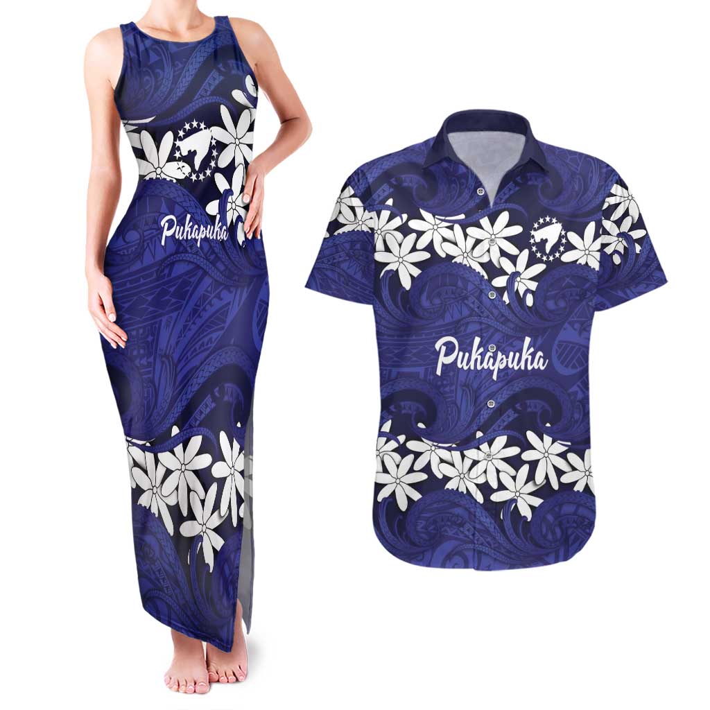 Personalised Cook Islands Pukapuka Couples Matching Tank Maxi Dress and Hawaiian Shirt Tiare Maori Polynesian Waves Tattoo LT14 Blue - Polynesian Pride