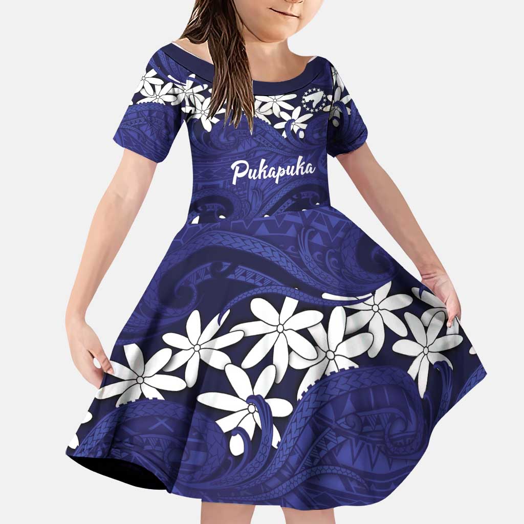 Personalised Cook Islands Pukapuka Family Matching Mermaid Dress and Hawaiian Shirt Tiare Maori Polynesian Waves Tattoo LT14 Daughter's Dress Blue - Polynesian Pride