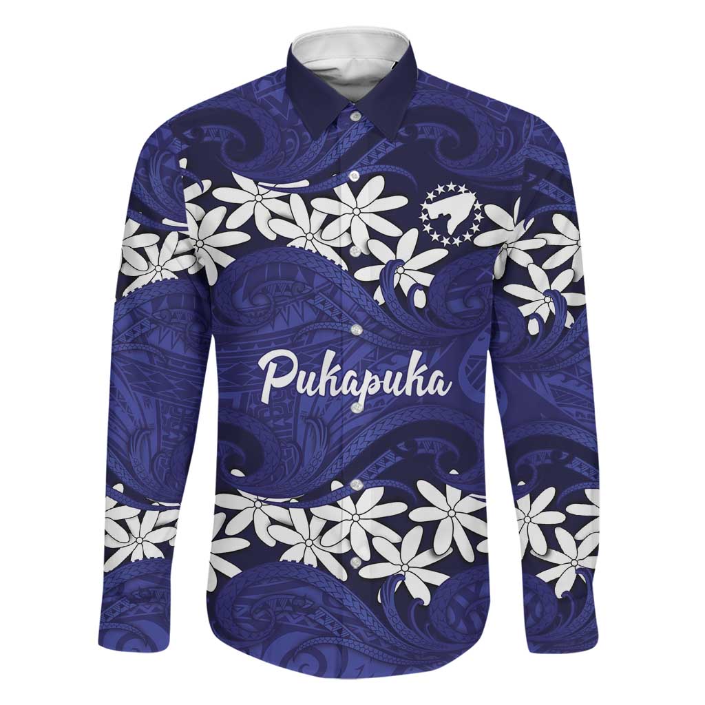 Personalised Cook Islands Pukapuka Family Matching Off Shoulder Maxi Dress and Hawaiian Shirt Tiare Maori Polynesian Waves Tattoo LT14 Dad's Shirt - Long Sleeve Blue - Polynesian Pride