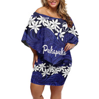 Personalised Cook Islands Pukapuka Family Matching Off Shoulder Short Dress and Hawaiian Shirt Tiare Maori Polynesian Waves Tattoo LT14 Mom's Dress Blue - Polynesian Pride