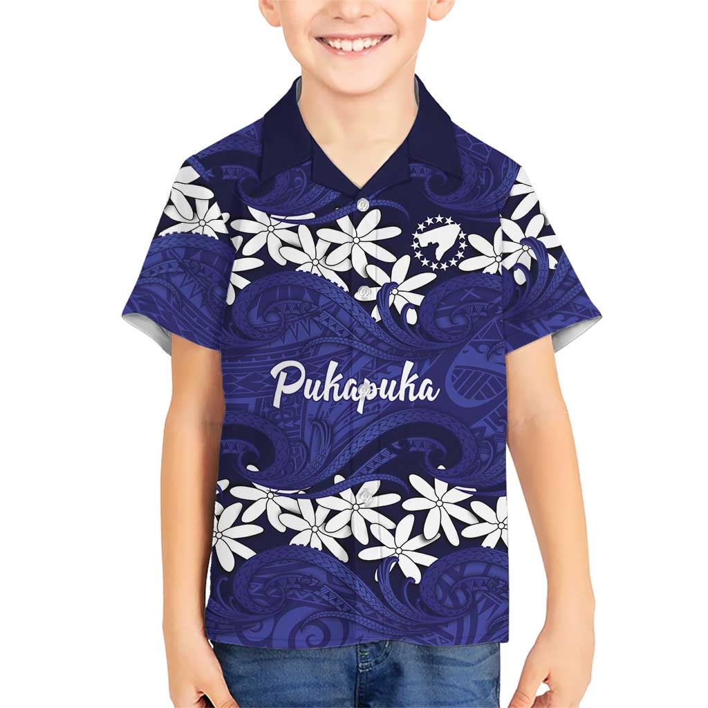 Personalised Cook Islands Pukapuka Family Matching Puletasi and Hawaiian Shirt Tiare Maori Polynesian Waves Tattoo LT14 Son's Shirt Blue - Polynesian Pride