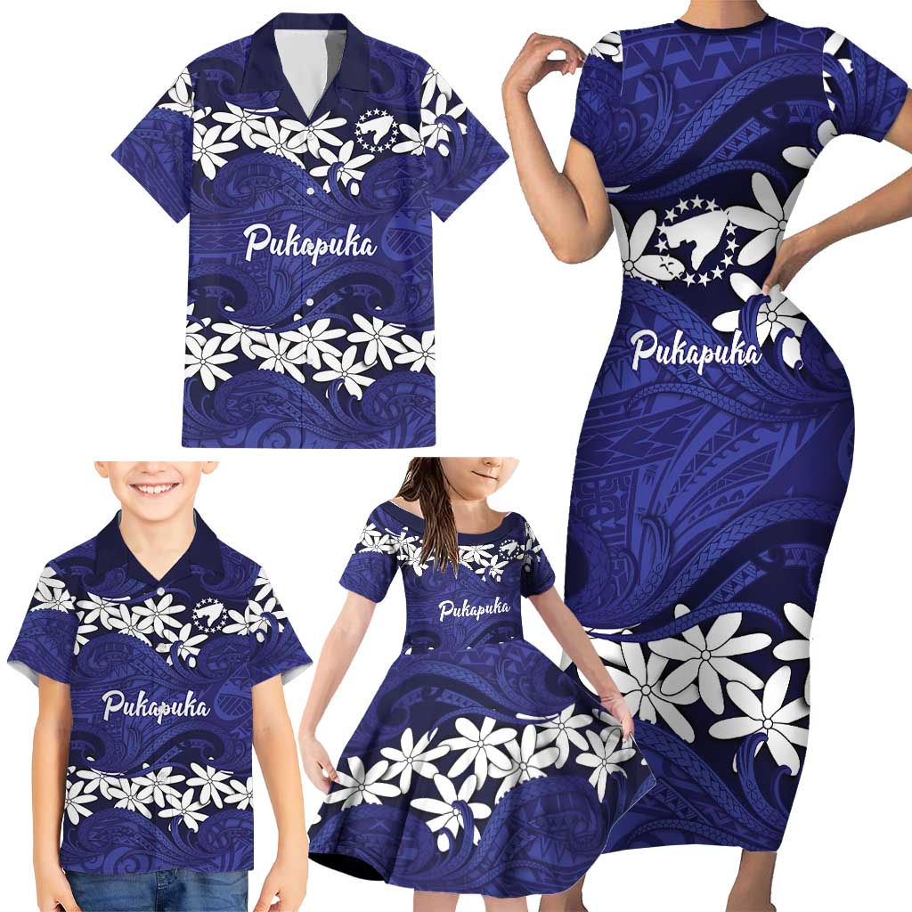 Personalised Cook Islands Pukapuka Family Matching Short Sleeve Bodycon Dress and Hawaiian Shirt Tiare Maori Polynesian Waves Tattoo