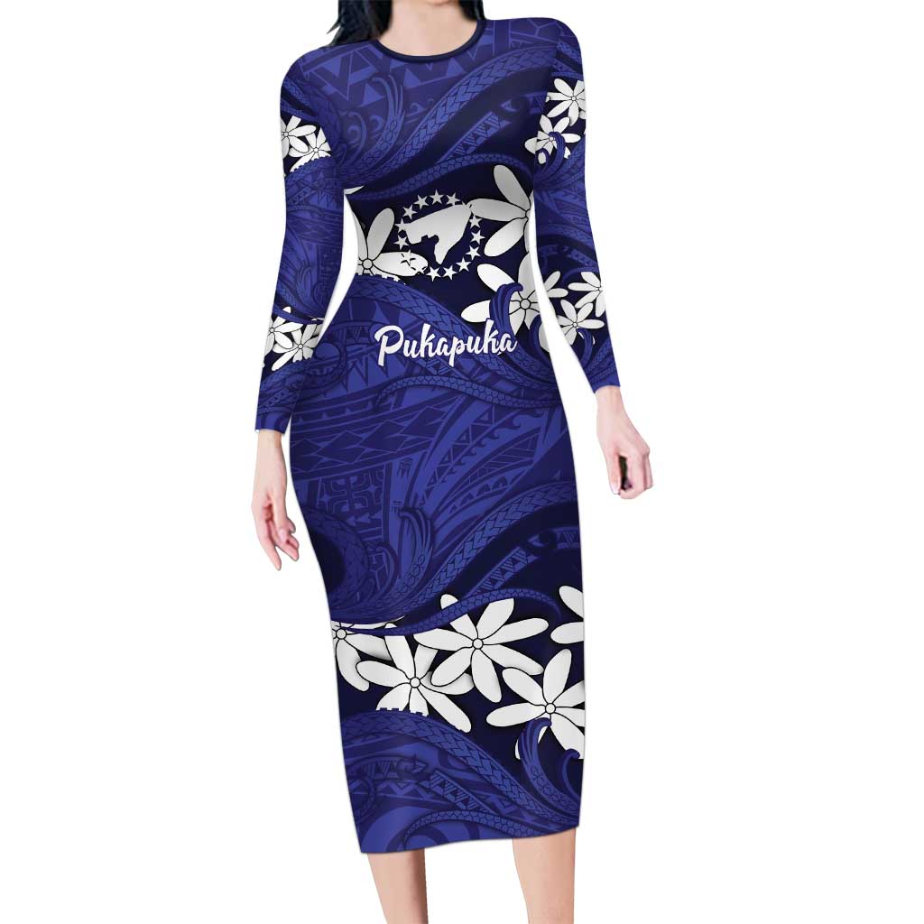 Personalised Cook Islands Pukapuka Long Sleeve Bodycon Dress Tiare Maori Polynesian Waves Tattoo