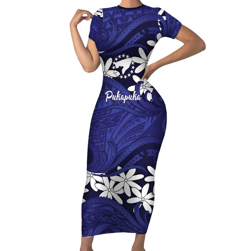 Personalised Cook Islands Pukapuka Short Sleeve Bodycon Dress Tiare Maori Polynesian Waves Tattoo