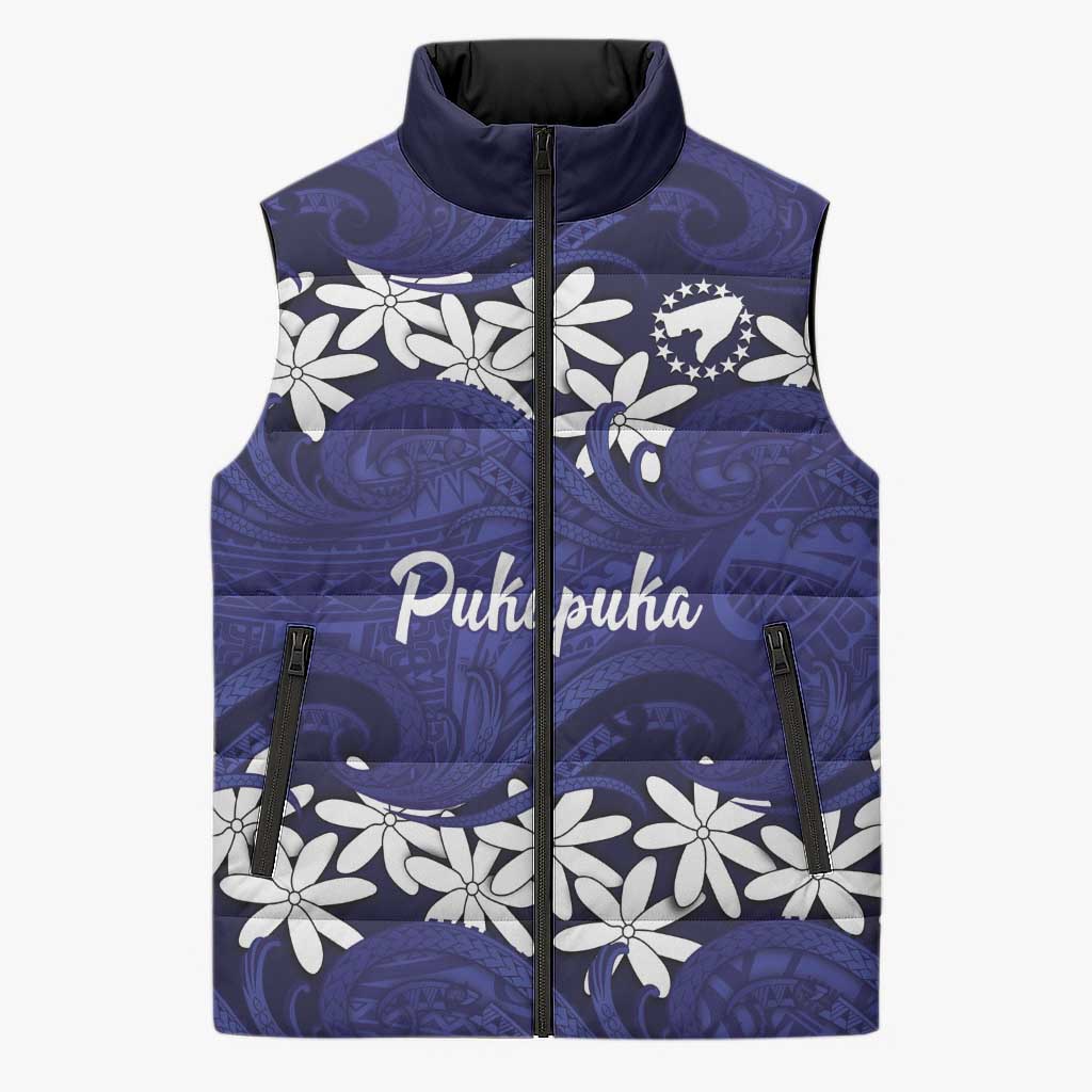Personalised Cook Islands Pukapuka Sleeveless Puffer Jacket Tiare Maori Polynesian Waves Tattoo