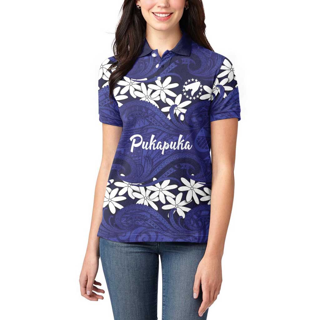Personalised Cook Islands Pukapuka Women Polo Shirt Tiare Maori Polynesian Waves Tattoo