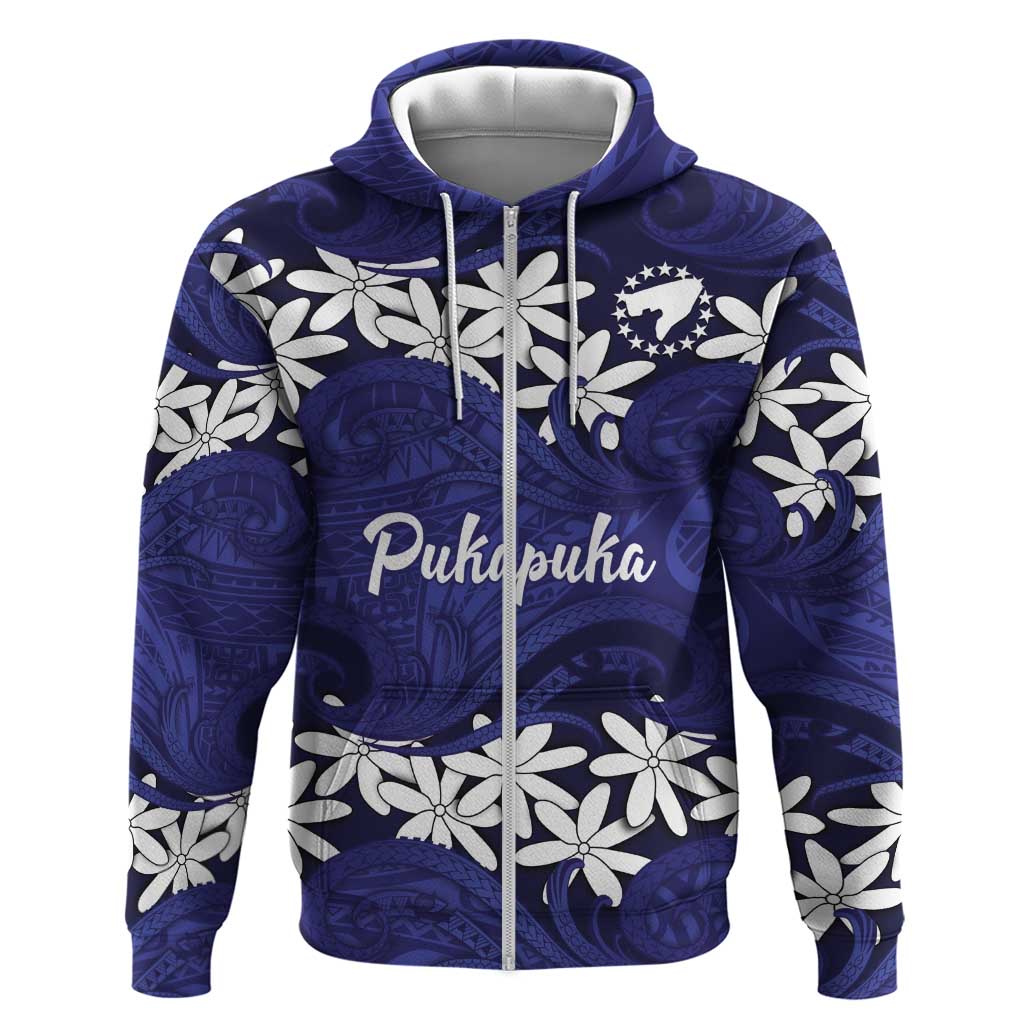 Personalised Cook Islands Pukapuka Zip Hoodie Tiare Maori Polynesian Waves Tattoo