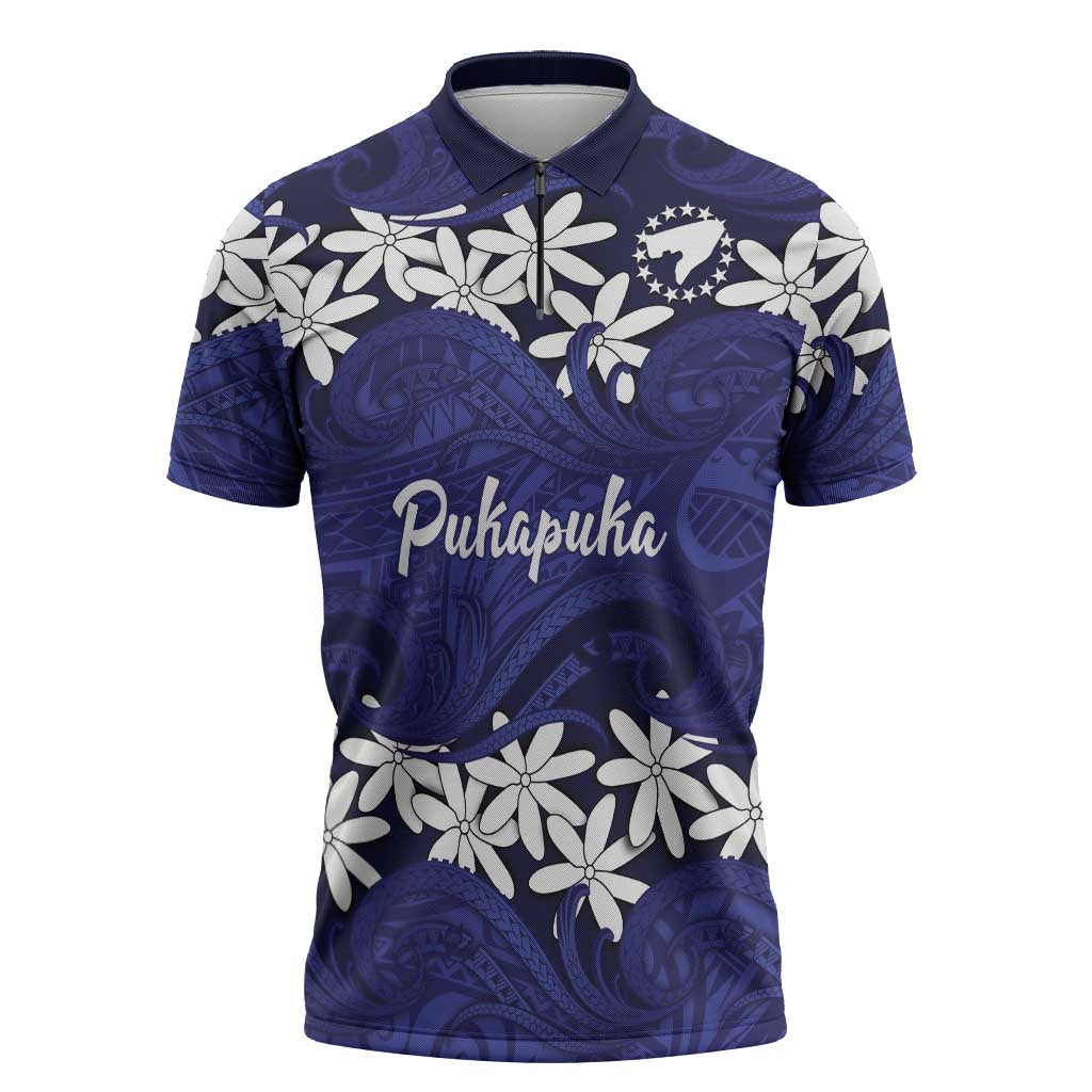 Personalised Cook Islands Pukapuka Zipper Polo Shirt Tiare Maori Polynesian Waves Tattoo