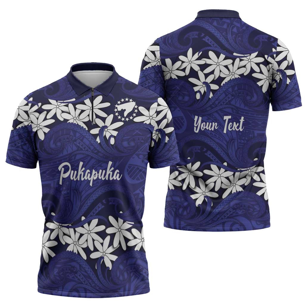 Personalised Cook Islands Pukapuka Zipper Polo Shirt Tiare Maori Polynesian Waves Tattoo