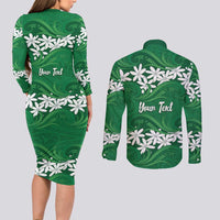 Personalised Cook Islands Rarotonga Couples Matching Long Sleeve Bodycon Dress and Long Sleeve Button Shirt Tiare Maori Polynesian Waves Tattoo LT14 - Polynesian Pride