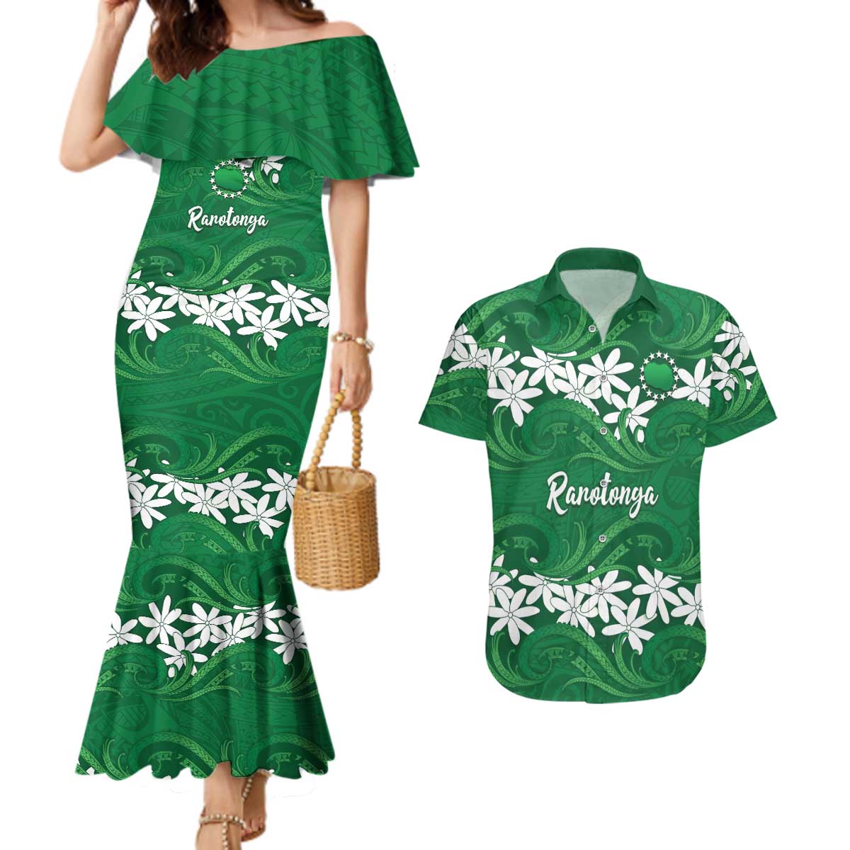 Personalised Cook Islands Rarotonga Couples Matching Mermaid Dress and Hawaiian Shirt Tiare Maori Polynesian Waves Tattoo