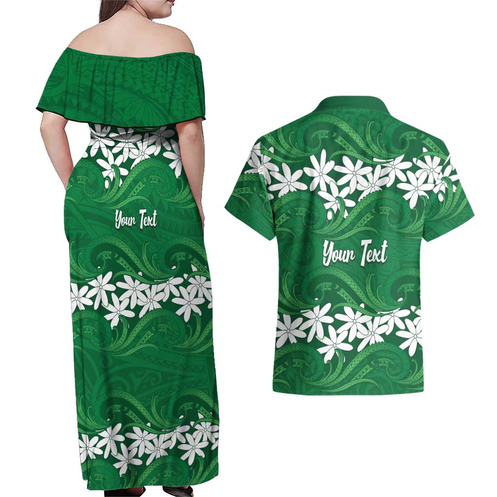 Personalised Cook Islands Rarotonga Couples Matching Off Shoulder Maxi Dress and Hawaiian Shirt Tiare Maori Polynesian Waves Tattoo LT14 - Polynesian Pride