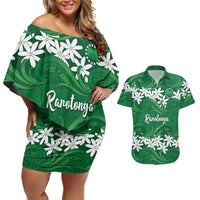 Personalised Cook Islands Rarotonga Couples Matching Off Shoulder Short Dress and Hawaiian Shirt Tiare Maori Polynesian Waves Tattoo LT14 Green - Polynesian Pride