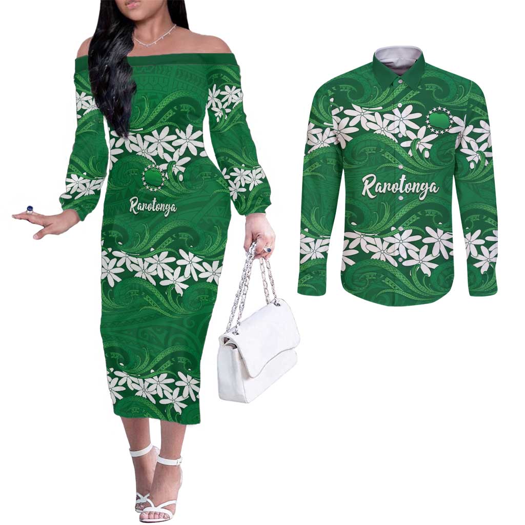 Personalised Cook Islands Rarotonga Couples Matching Off The Shoulder Long Sleeve Dress and Long Sleeve Button Shirt Tiare Maori Polynesian Waves Tattoo