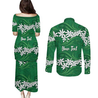 Personalised Cook Islands Rarotonga Couples Matching Puletasi and Long Sleeve Button Shirt Tiare Maori Polynesian Waves Tattoo