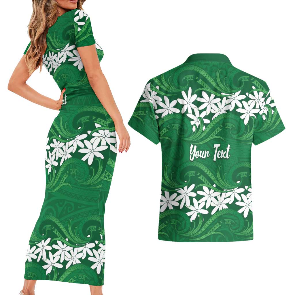 Personalised Cook Islands Rarotonga Couples Matching Short Sleeve Bodycon Dress and Hawaiian Shirt Tiare Maori Polynesian Waves Tattoo LT14 - Polynesian Pride
