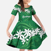 Personalised Cook Islands Rarotonga Family Matching Off Shoulder Maxi Dress and Hawaiian Shirt Tiare Maori Polynesian Waves Tattoo LT14 Daughter's Dress Green - Polynesian Pride