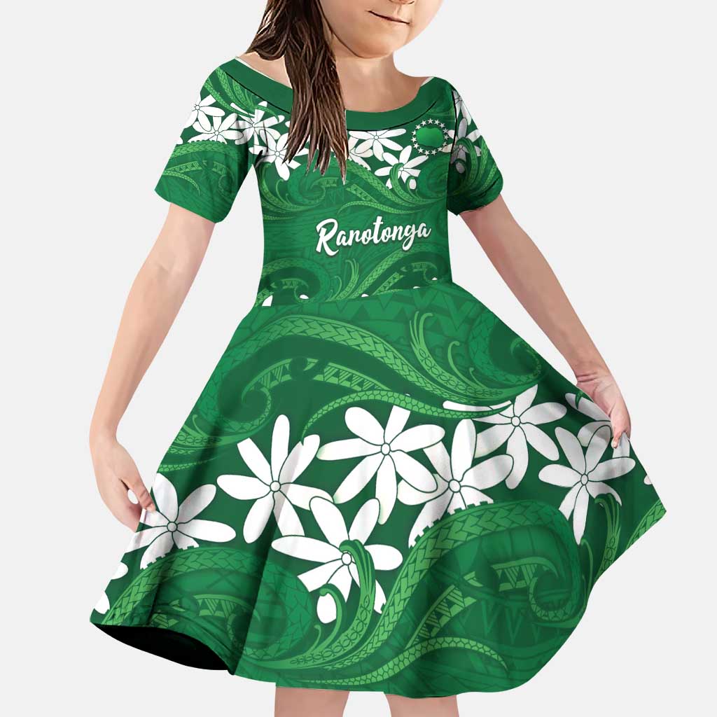 Personalised Cook Islands Rarotonga Family Matching Off Shoulder Short Dress and Hawaiian Shirt Tiare Maori Polynesian Waves Tattoo LT14 Daughter's Dress Green - Polynesian Pride