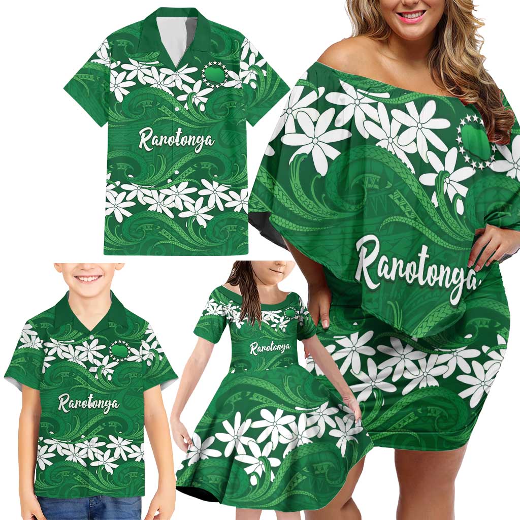Personalised Cook Islands Rarotonga Family Matching Off Shoulder Short Dress and Hawaiian Shirt Tiare Maori Polynesian Waves Tattoo LT14 - Polynesian Pride